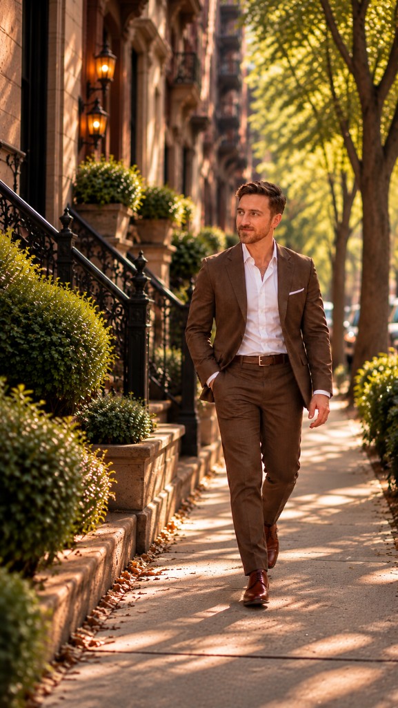 James Russo walking on a Brooklyn brownstone street